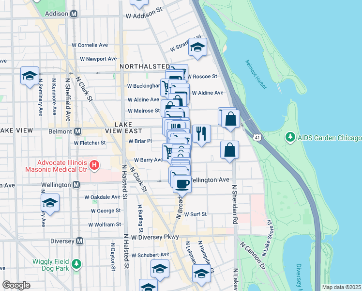 map of restaurants, bars, coffee shops, grocery stores, and more near 533 West Briar Place in Chicago