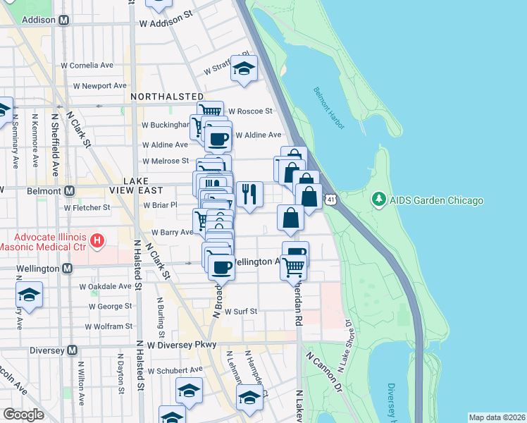 map of restaurants, bars, coffee shops, grocery stores, and more near 450 West Briar Place in Chicago