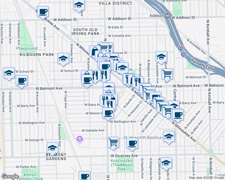 map of restaurants, bars, coffee shops, grocery stores, and more near 3963 West Belmont Avenue in Chicago