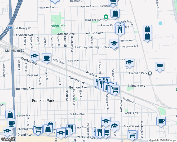 map of restaurants, bars, coffee shops, grocery stores, and more near 9818 Pacific Avenue in Franklin Park