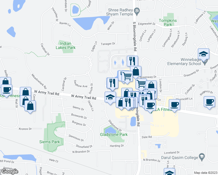 map of restaurants, bars, coffee shops, grocery stores, and more near 141 Lake Ridge Drive in Glendale Heights