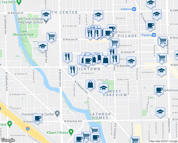 map of restaurants, bars, coffee shops, grocery stores, and more near 2154 West Fletcher Street in Chicago