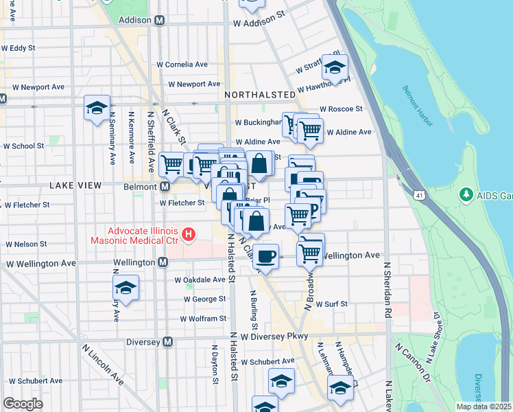 map of restaurants, bars, coffee shops, grocery stores, and more near 719 West California Terrace in Chicago