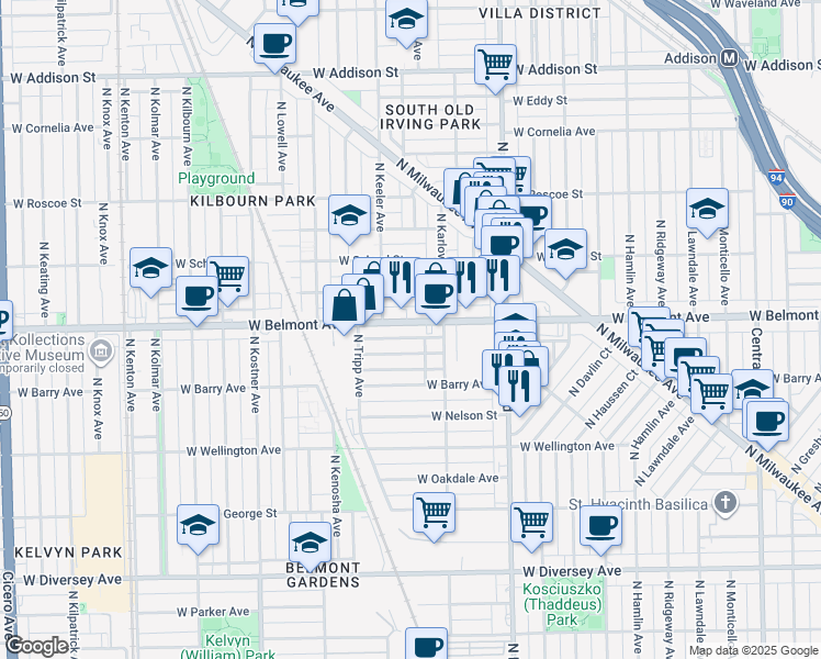 map of restaurants, bars, coffee shops, grocery stores, and more near 4120 West Fletcher Street in Chicago