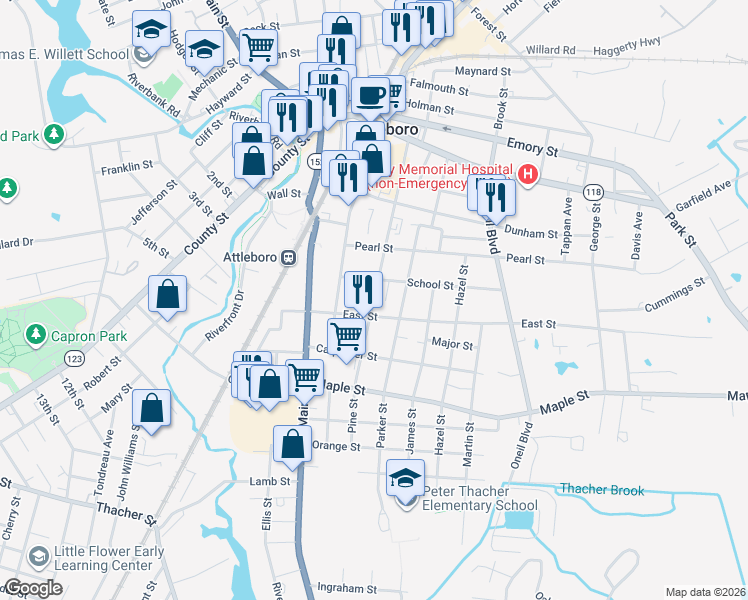 map of restaurants, bars, coffee shops, grocery stores, and more near 149 Pine Street in Attleboro