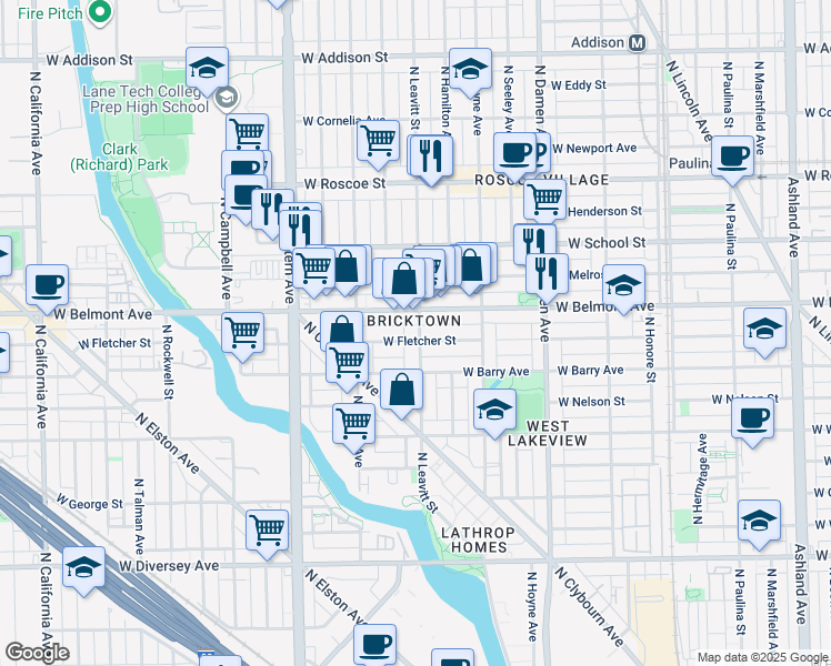 map of restaurants, bars, coffee shops, grocery stores, and more near 3140 North Leavitt Street in Chicago