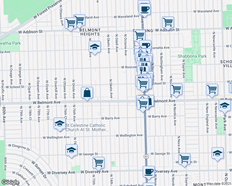 map of restaurants, bars, coffee shops, grocery stores, and more near 3215 North Odell Avenue in Chicago