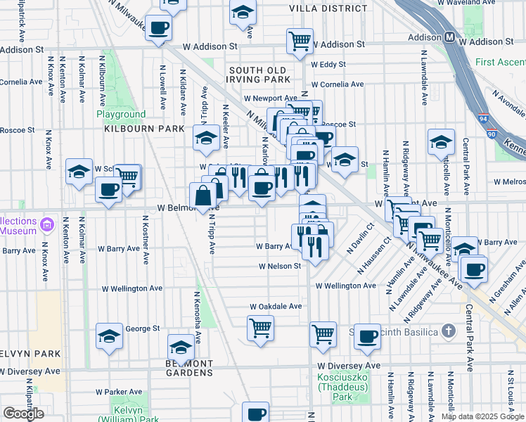 map of restaurants, bars, coffee shops, grocery stores, and more near 4103 West Belmont Avenue in Chicago