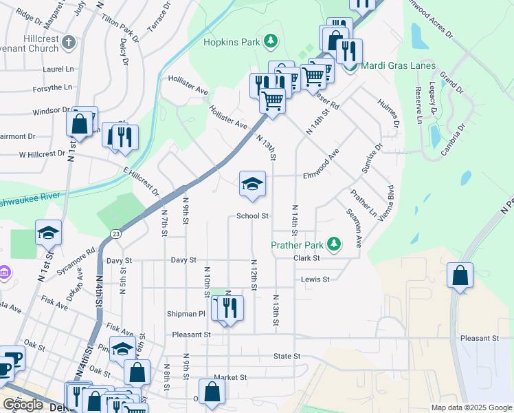 map of restaurants, bars, coffee shops, grocery stores, and more near 1121 School Street in DeKalb