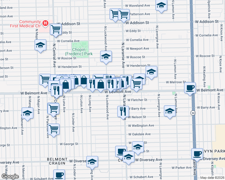 map of restaurants, bars, coffee shops, grocery stores, and more near 5240 West Belmont Avenue in Chicago