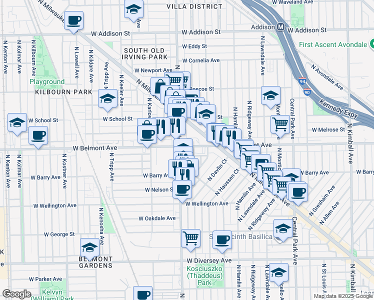 map of restaurants, bars, coffee shops, grocery stores, and more near 3963 West Belmont Avenue in Chicago