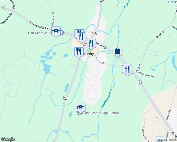 map of restaurants, bars, coffee shops, grocery stores, and more near 46 Schoolhouse Landing in East Granby