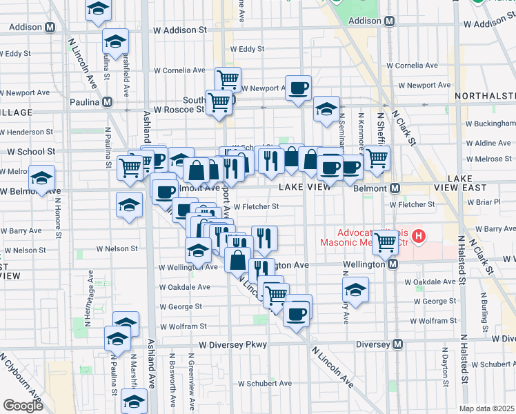 map of restaurants, bars, coffee shops, grocery stores, and more near 1315 West Fletcher Street in Chicago