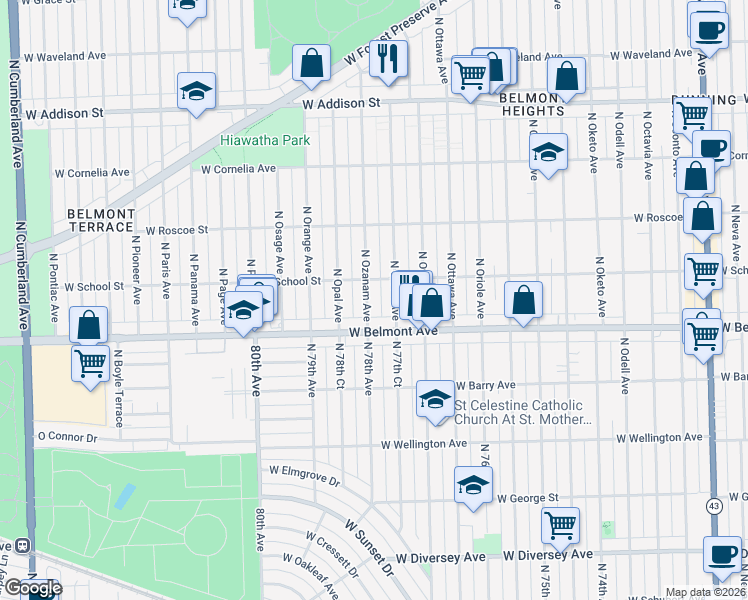 map of restaurants, bars, coffee shops, grocery stores, and more near 3233 North Ozanam Avenue in Chicago