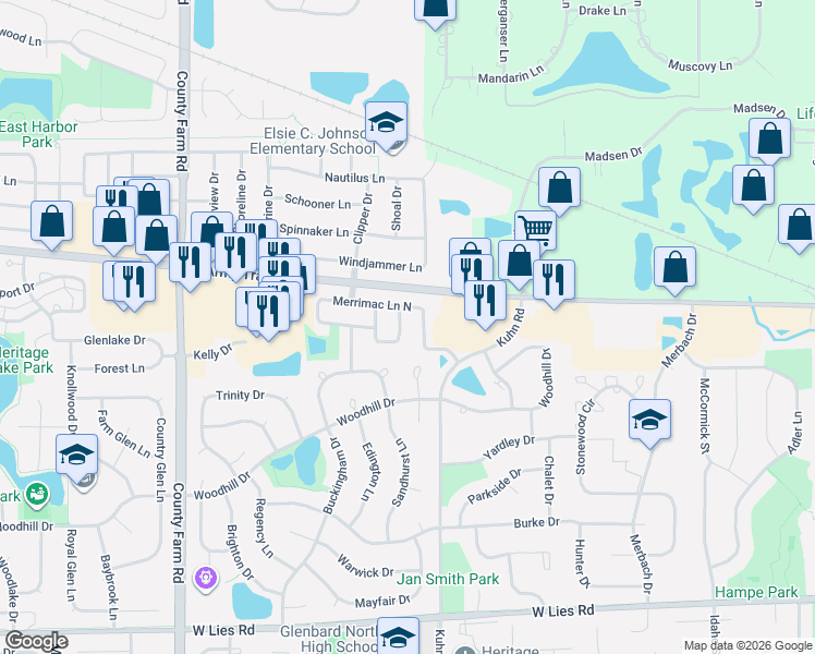 map of restaurants, bars, coffee shops, grocery stores, and more near 3717 Dory Circle West in Hanover Park