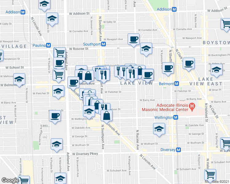 map of restaurants, bars, coffee shops, grocery stores, and more near 1317 West Fletcher Street in Chicago