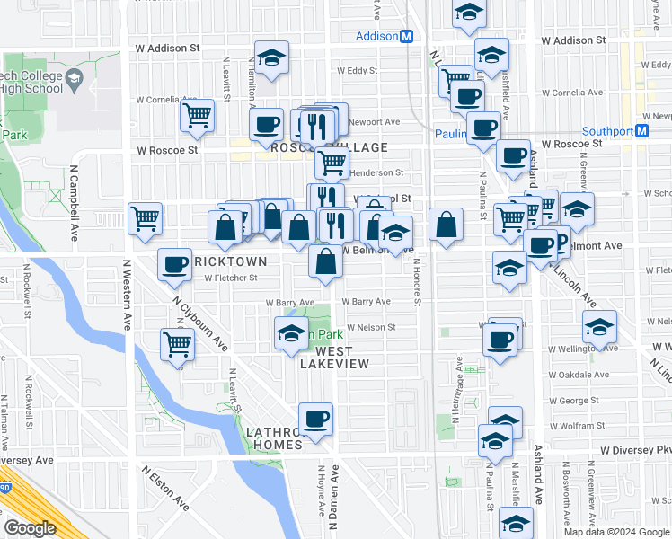map of restaurants, bars, coffee shops, grocery stores, and more near 1956 West Fletcher Street in Chicago
