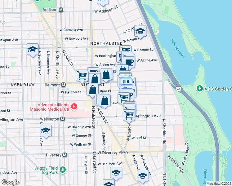 map of restaurants, bars, coffee shops, grocery stores, and more near 643 West Briar Place in Chicago