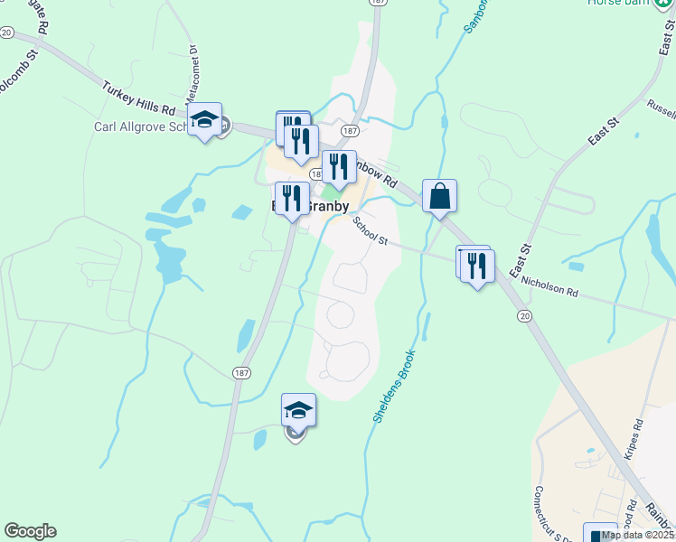 map of restaurants, bars, coffee shops, grocery stores, and more near 41 Schoolhouse Landing in East Granby