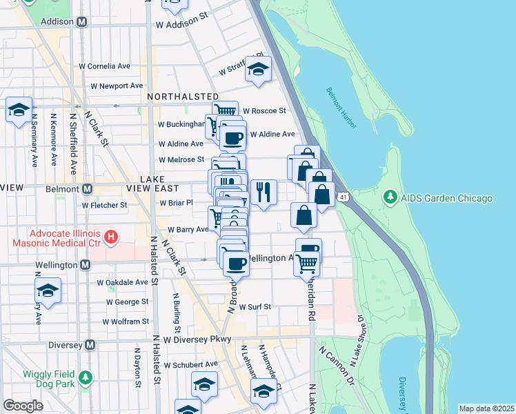 map of restaurants, bars, coffee shops, grocery stores, and more near 463 West Briar Place in Chicago