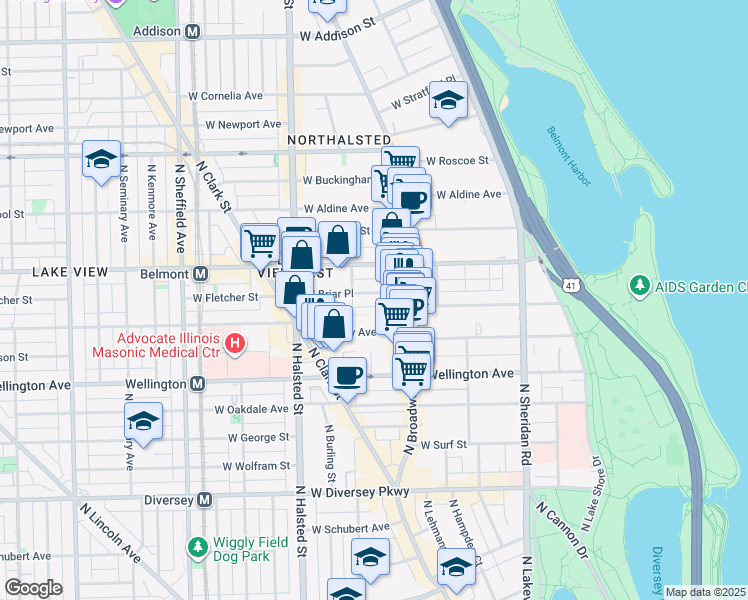map of restaurants, bars, coffee shops, grocery stores, and more near 3117 North Orchard Street in Chicago