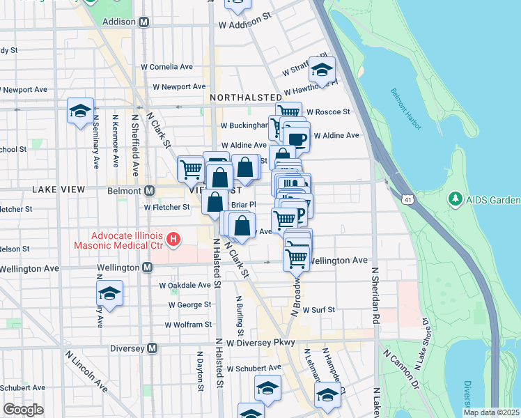 map of restaurants, bars, coffee shops, grocery stores, and more near 3117 North Orchard Street in Chicago
