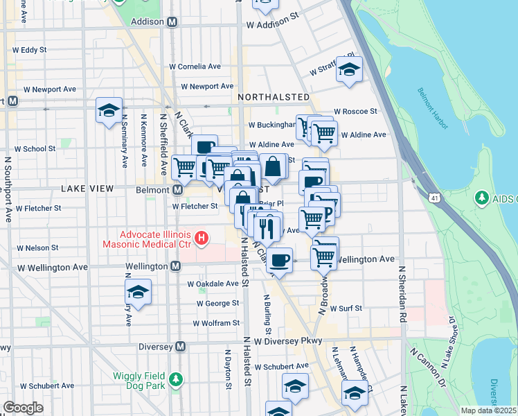 map of restaurants, bars, coffee shops, grocery stores, and more near 719 West California Terrace in Chicago