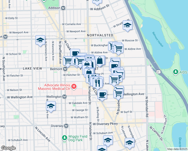 map of restaurants, bars, coffee shops, grocery stores, and more near 727 West California Terrace in Chicago