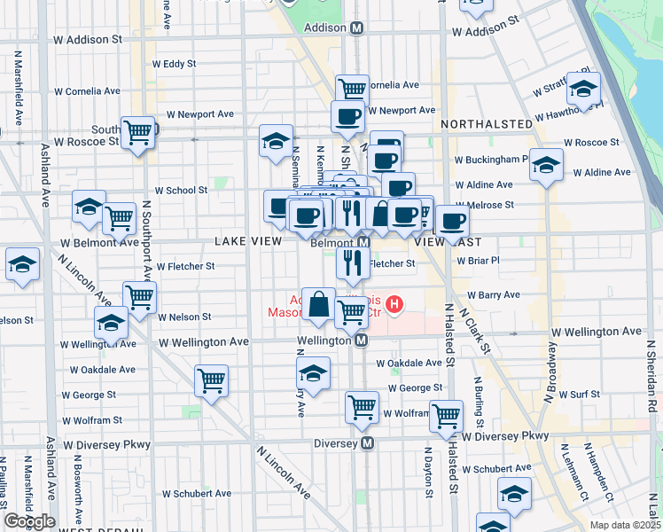 map of restaurants, bars, coffee shops, grocery stores, and more near 3112 North Kenmore Avenue in Chicago