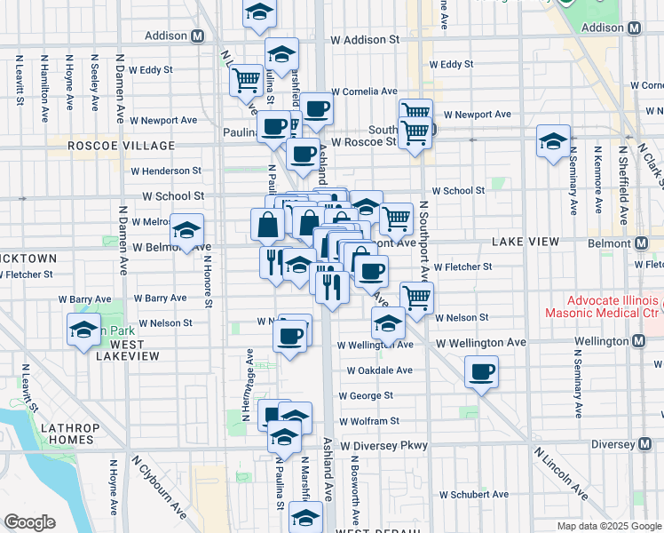 map of restaurants, bars, coffee shops, grocery stores, and more near 3118 North Ashland Avenue in Chicago