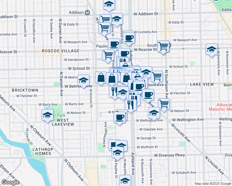 map of restaurants, bars, coffee shops, grocery stores, and more near 1647 West Fletcher Street in Chicago