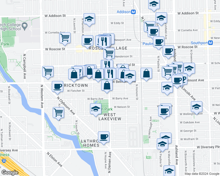 map of restaurants, bars, coffee shops, grocery stores, and more near 1949 West Fletcher Street in Chicago