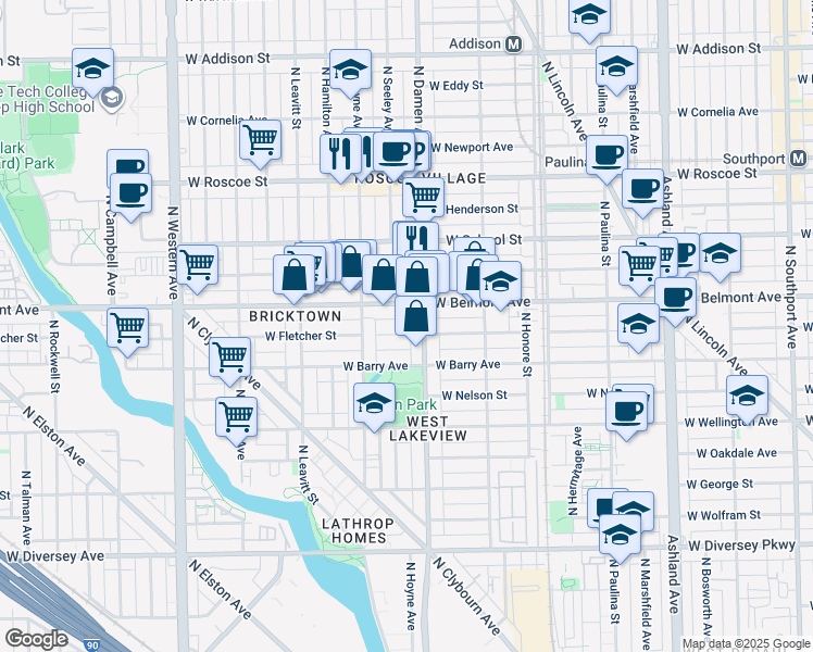 map of restaurants, bars, coffee shops, grocery stores, and more near 2031 West Fletcher Street in Chicago
