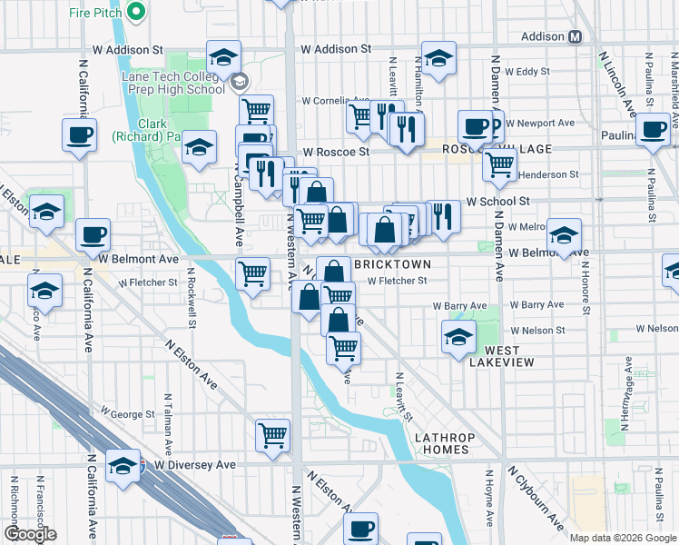 map of restaurants, bars, coffee shops, grocery stores, and more near 3123 North Oakley Avenue in Chicago