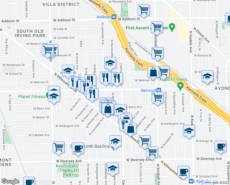 map of restaurants, bars, coffee shops, grocery stores, and more near 3137 North Monticello Avenue in Chicago