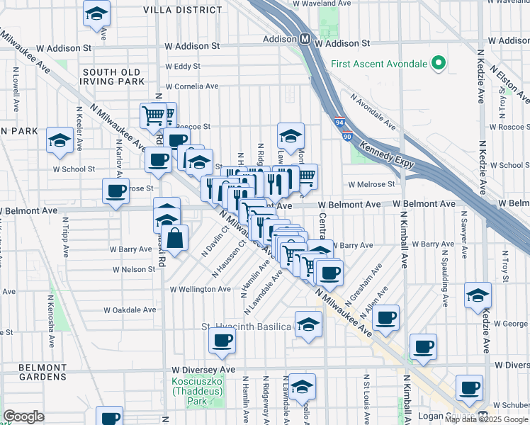 map of restaurants, bars, coffee shops, grocery stores, and more near 3139 North Hamlin Avenue in Chicago