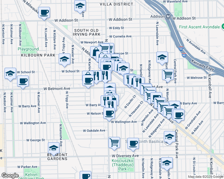 map of restaurants, bars, coffee shops, grocery stores, and more near 3138 North Harding Avenue in Chicago