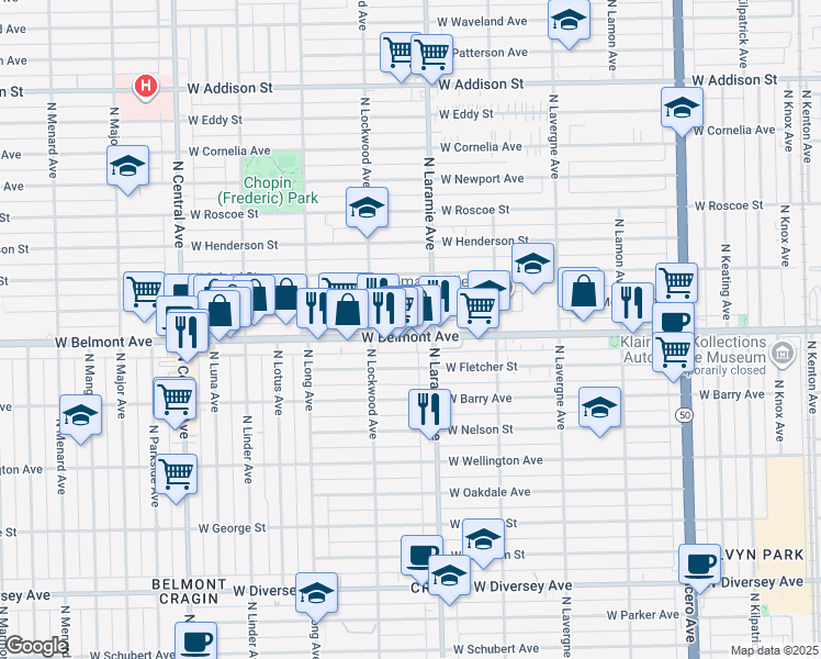 map of restaurants, bars, coffee shops, grocery stores, and more near 5219 West Belmont Avenue in Chicago