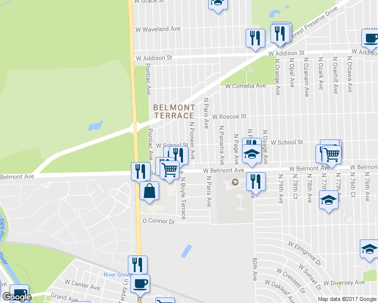 map of restaurants, bars, coffee shops, grocery stores, and more near 3225 North Pioneer Avenue in Chicago