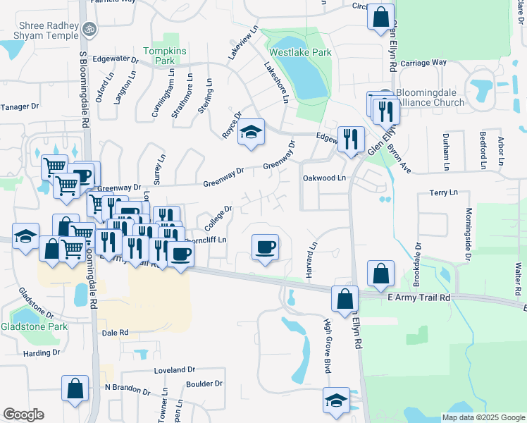 map of restaurants, bars, coffee shops, grocery stores, and more near 325 Georgetown Court in Bloomingdale