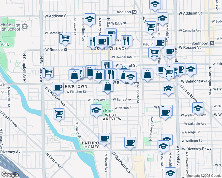 map of restaurants, bars, coffee shops, grocery stores, and more near 1958 West Fletcher Street in Chicago