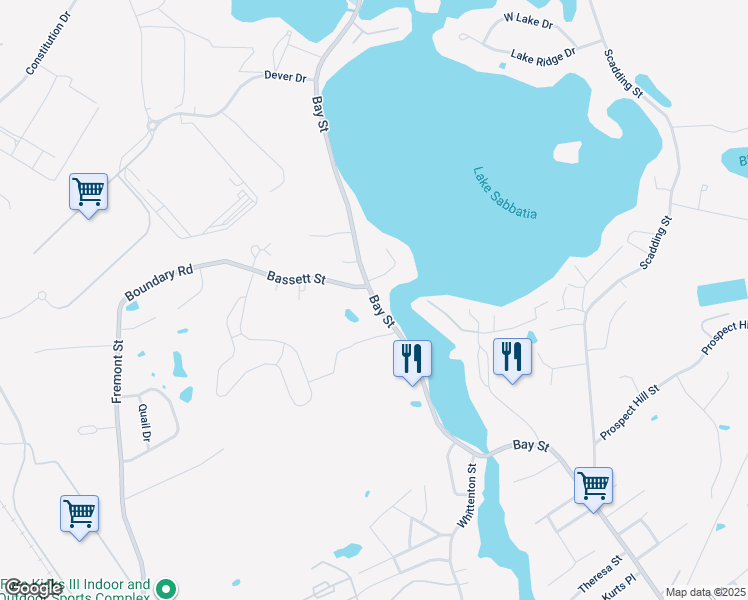 map of restaurants, bars, coffee shops, grocery stores, and more near Bay Street in Taunton