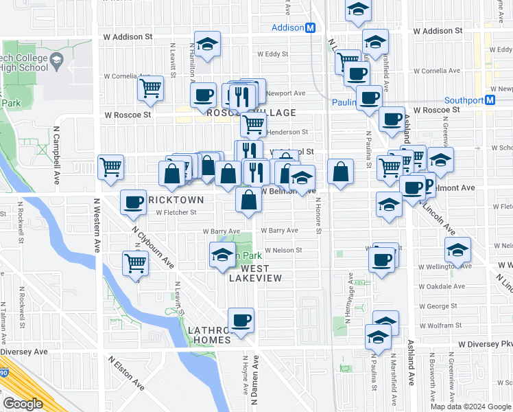 map of restaurants, bars, coffee shops, grocery stores, and more near 3139 North Damen Avenue in Chicago