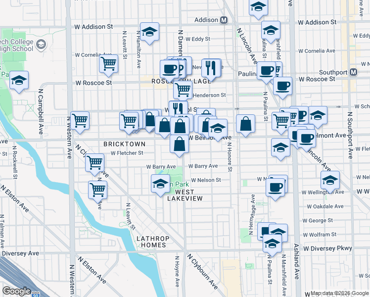 map of restaurants, bars, coffee shops, grocery stores, and more near 1949 West Fletcher Street in Chicago