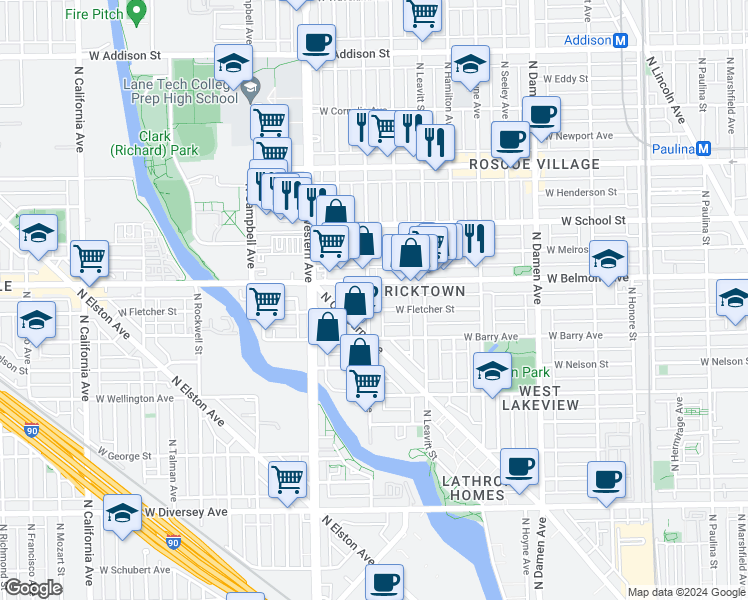 map of restaurants, bars, coffee shops, grocery stores, and more near 3141 North Oakley Avenue in Chicago