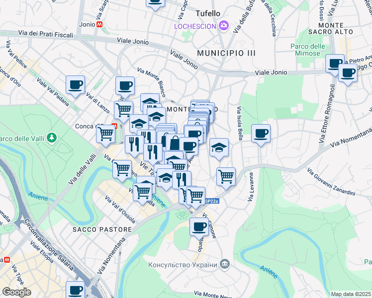 map of restaurants, bars, coffee shops, grocery stores, and more near 6 Via Peralba in Roma