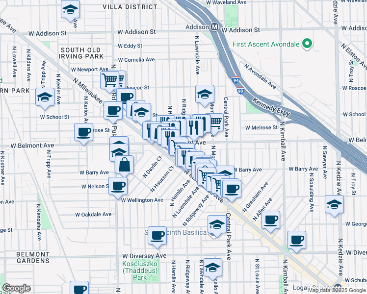 map of restaurants, bars, coffee shops, grocery stores, and more near 3139 North Hamlin Avenue in Chicago