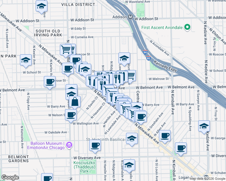 map of restaurants, bars, coffee shops, grocery stores, and more near 3139 North Hamlin Avenue in Chicago