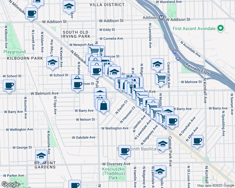 map of restaurants, bars, coffee shops, grocery stores, and more near 3157 North Springfield Avenue in Chicago