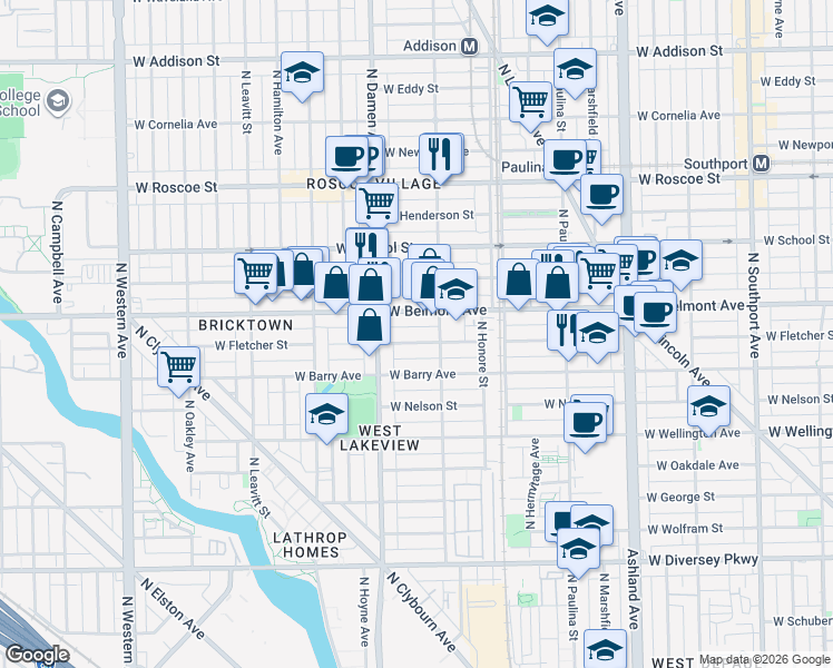 map of restaurants, bars, coffee shops, grocery stores, and more near 1913 West Fletcher Street in Chicago